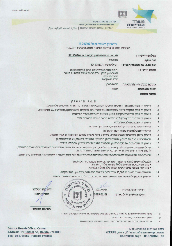 רישיון יצרן - אתר מבוא חורון